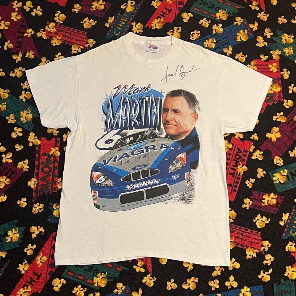 NASCAR Mark Martin #6 Unknown Autographed White Graphic Tee Shirt / Size L